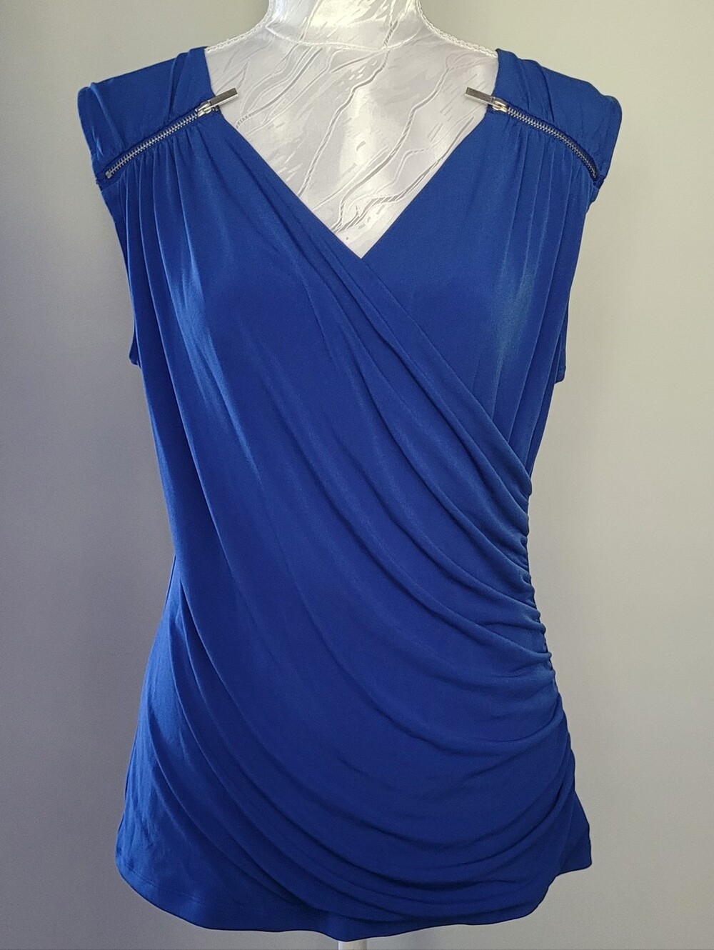 Nine West Royal Blue Draped Sleeveless V-Neck Blouse Tank